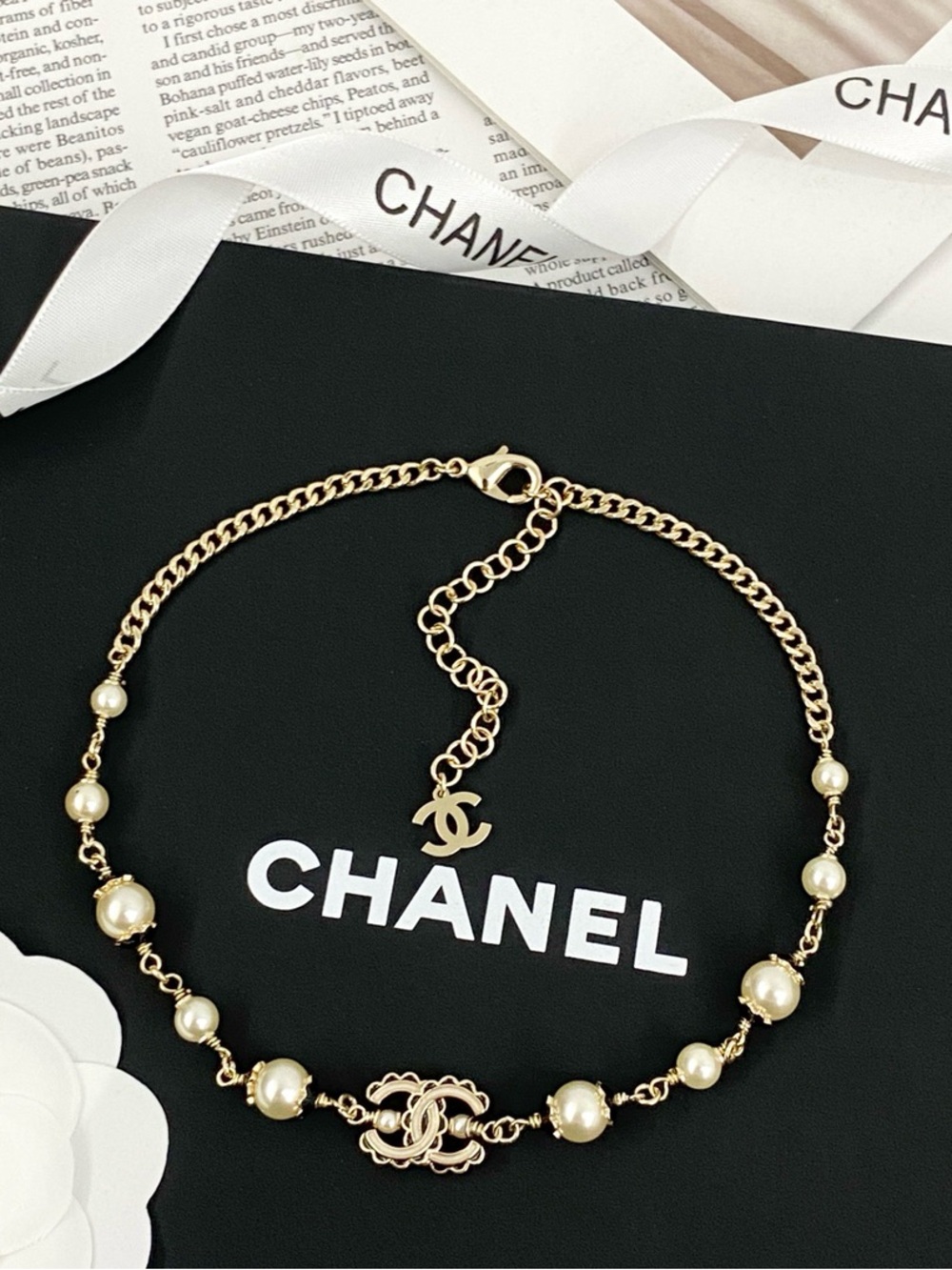 Gold Pearl-Accent Chain Necklace with Interlocking Logo Charm